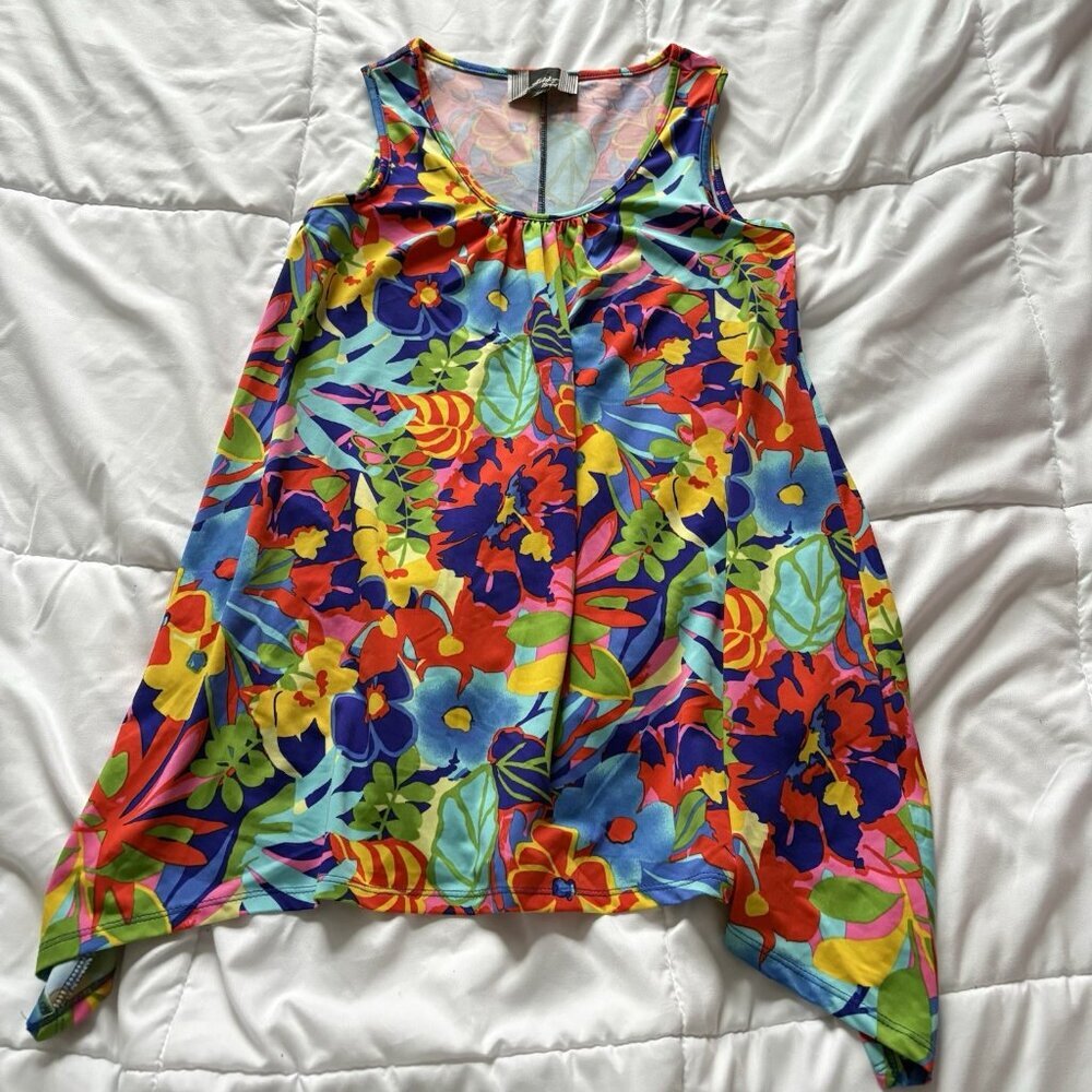 Vintage Womens Size Xs Tank‎ Top Tropical Floral Stretch Sleeveless Hippie USA